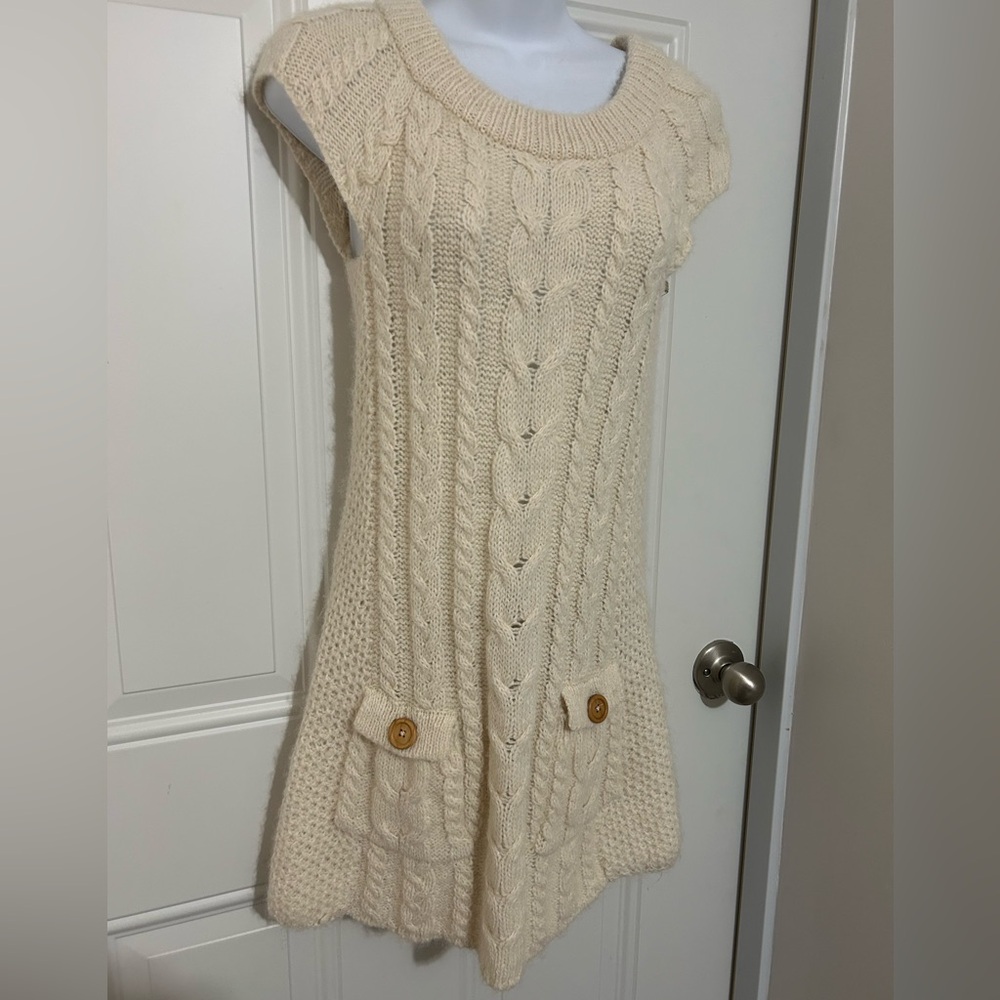 Anthropology Sleeveless Cable Knit Dress with Pocket Details - Cream